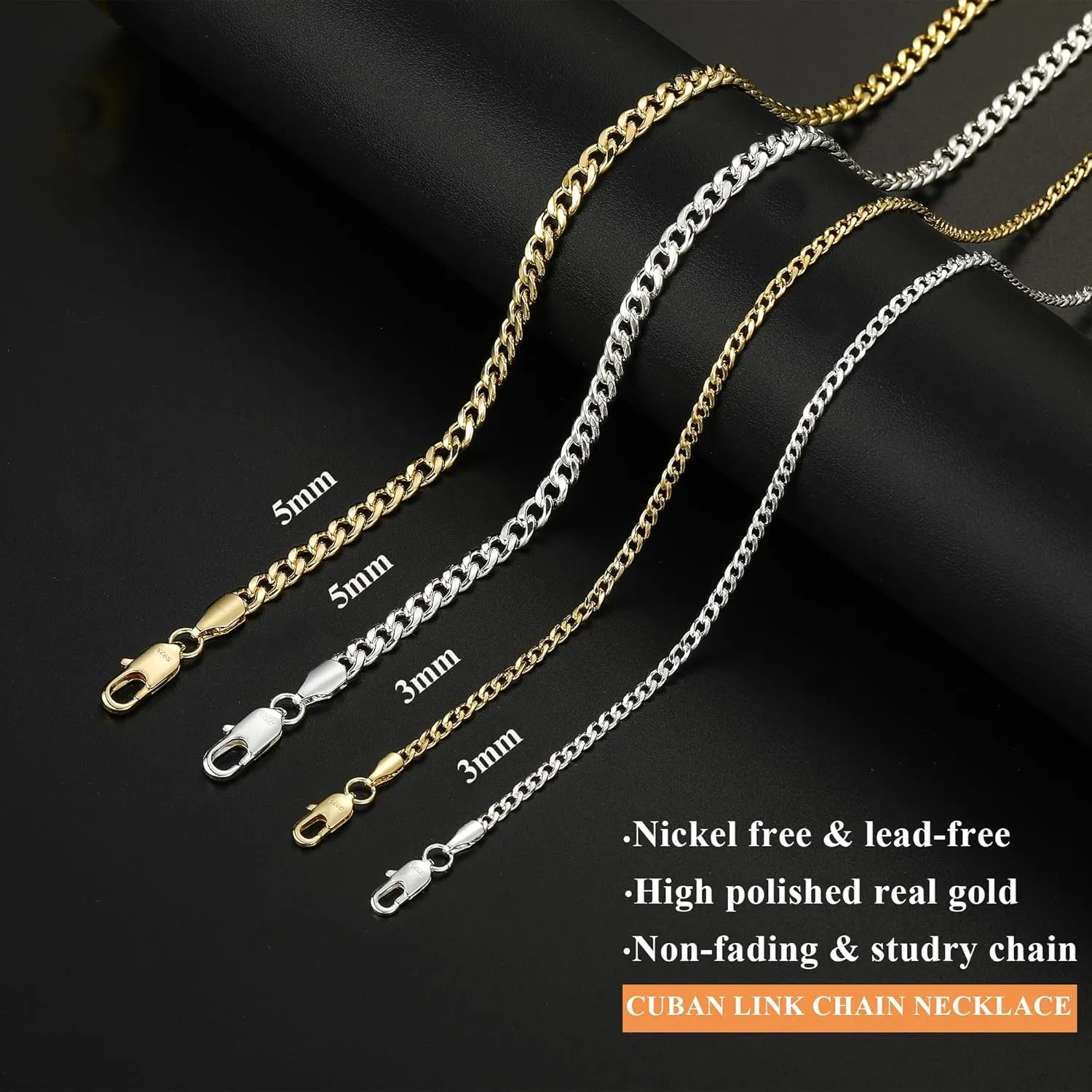 3/5mm 14K Real Gold/Real Silver Plated Cuban Chain for Men Boys, Stainless Steel Cuban Link Chain for Men Boys Sturdy Non-Fading Necklace Jewelery Gifts for Him 16/18/20/22/24 Inch