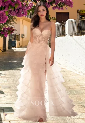 A-Line Sweetheart Sleeveless Off-Shoulder Chiffon Prom Dress Beaded Lace Applique Tiered Evening Gowns