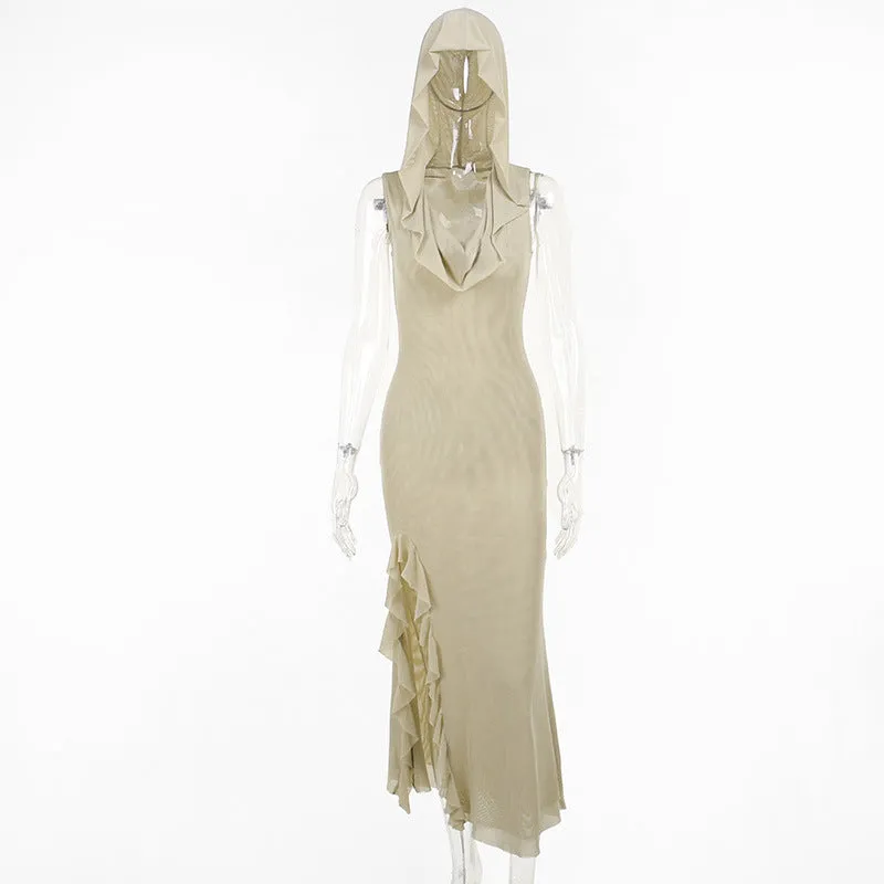 Designer Ruffles Mesh Midi Hooded Dress