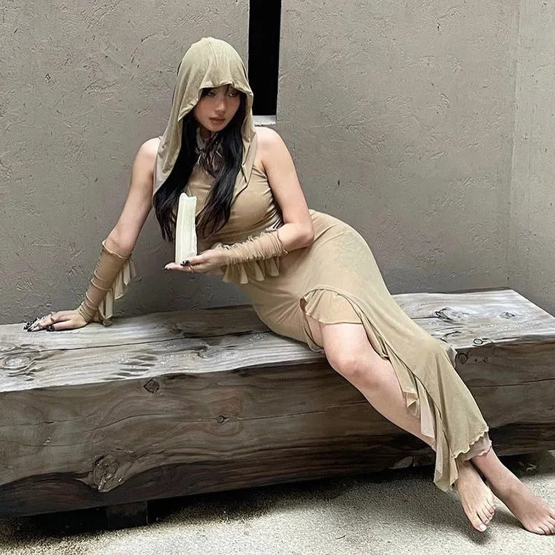 Designer Ruffles Mesh Midi Hooded Dress