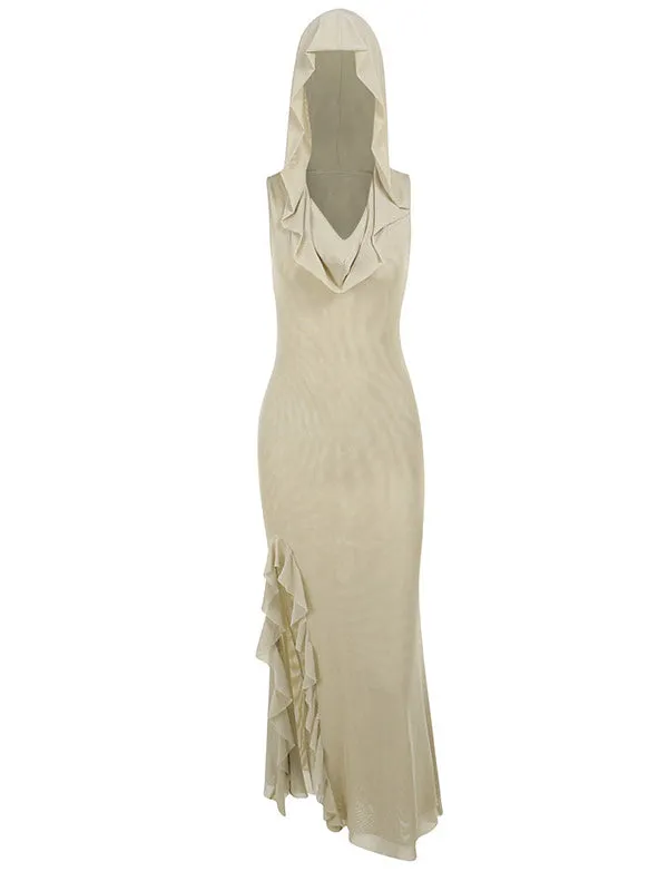 Designer Ruffles Mesh Midi Hooded Dress