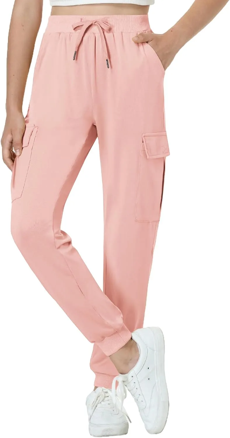 EXARUS Girls Cargo Pants Joggers Slim Fit with Zip Pockets Kids Quick Dry Lightweight Drawstring High Waisted 8-14Y