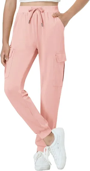 EXARUS Girls Cargo Pants Joggers Slim Fit with Zip Pockets Kids Quick Dry Lightweight Drawstring High Waisted 8-14Y