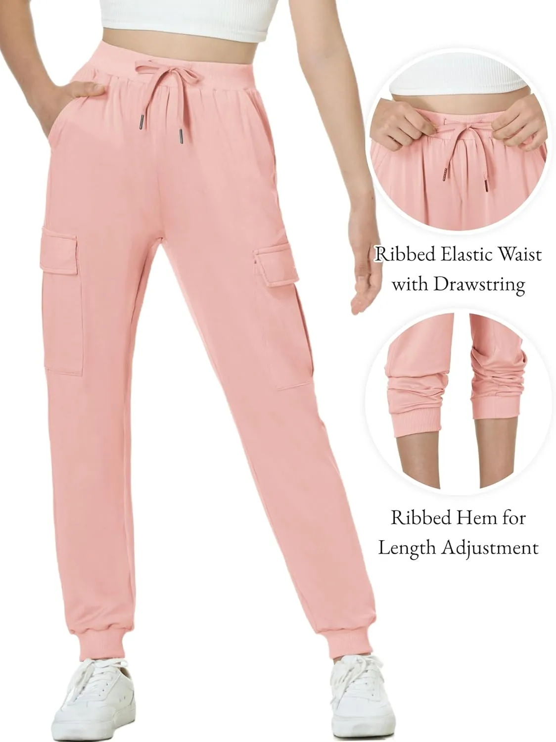 EXARUS Girls Cargo Pants Joggers Slim Fit with Zip Pockets Kids Quick Dry Lightweight Drawstring High Waisted 8-14Y