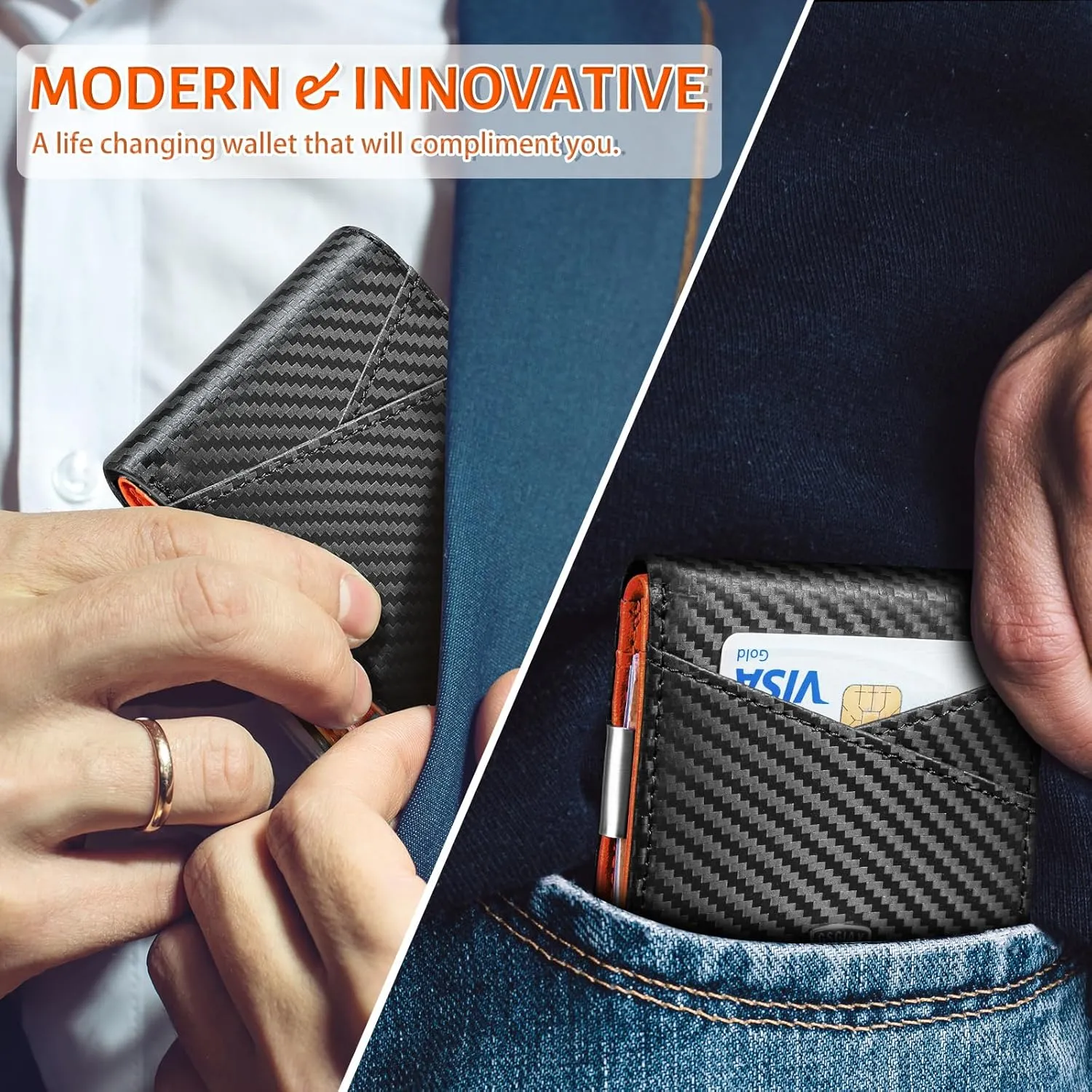 GSOIAX Slim Leather RFID Bifold Wallet for Men Minimalist Front Pocket Wallet with Money Clip,12 Card Slots,ID Window,Cool Groove Design,Includes Gift Box(Carbon Orange)