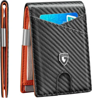 GSOIAX Slim Leather RFID Bifold Wallet for Men Minimalist Front Pocket Wallet with Money Clip,12 Card Slots,ID Window,Cool Groove Design,Includes Gift Box(Carbon Orange)