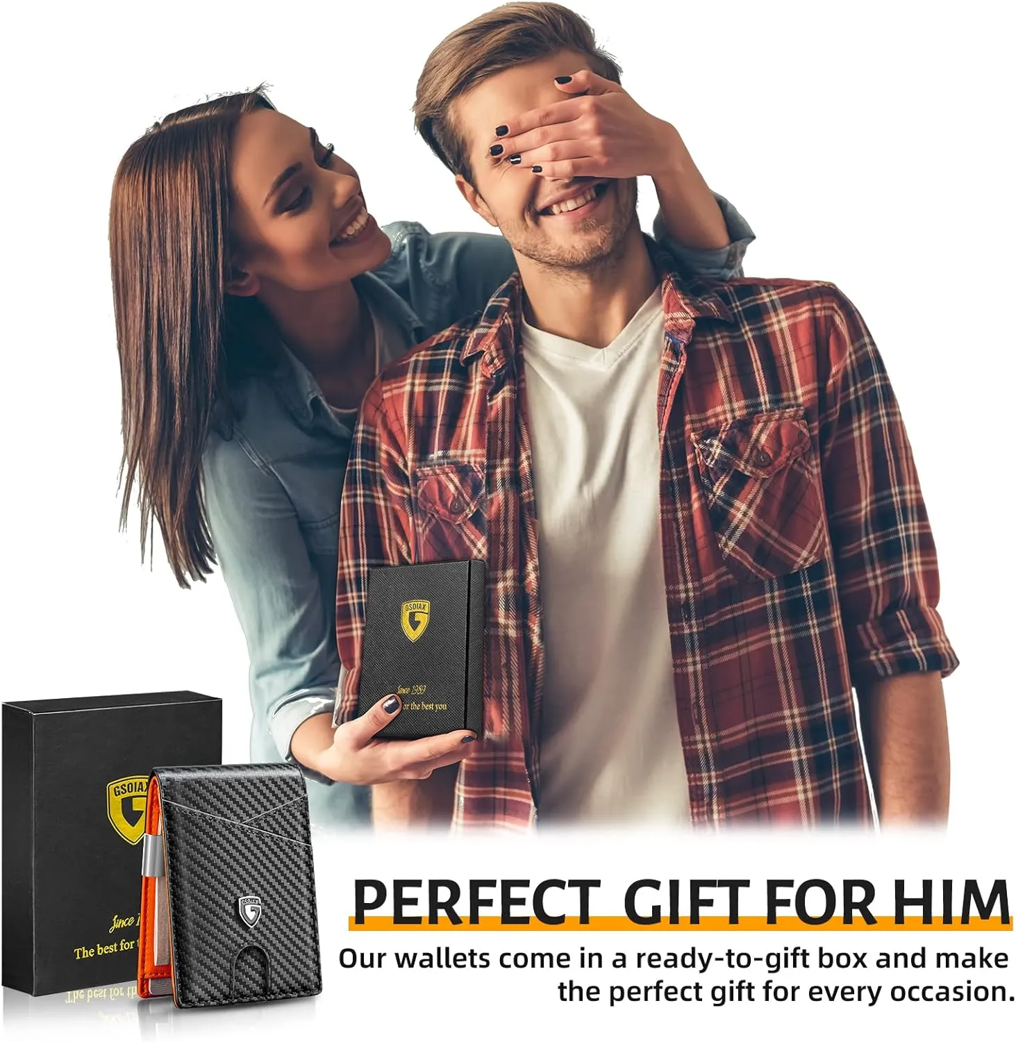 GSOIAX Slim Leather RFID Bifold Wallet for Men Minimalist Front Pocket Wallet with Money Clip,12 Card Slots,ID Window,Cool Groove Design,Includes Gift Box(Carbon Orange)