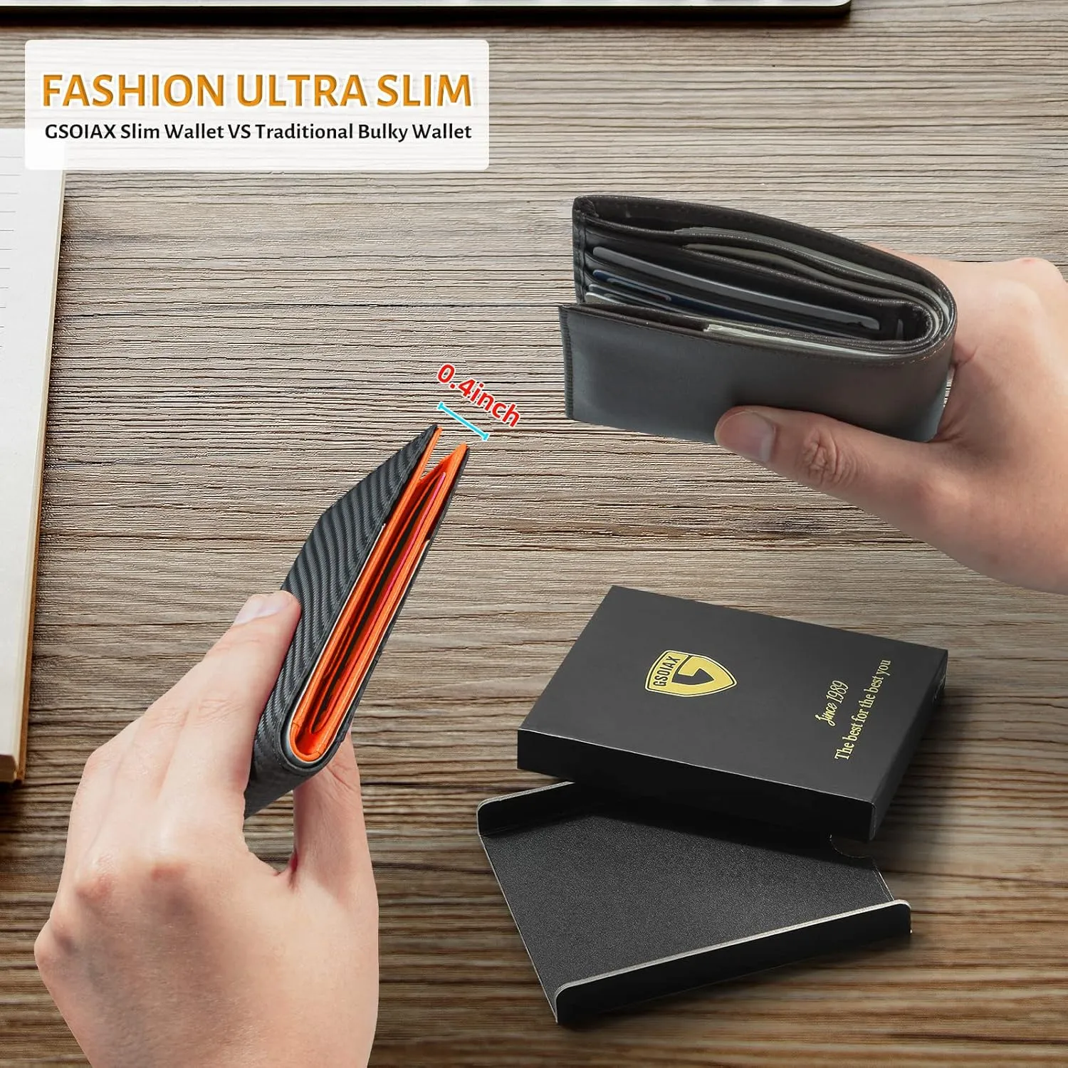 GSOIAX Slim Leather RFID Bifold Wallet for Men Minimalist Front Pocket Wallet with Money Clip,12 Card Slots,ID Window,Cool Groove Design,Includes Gift Box(Carbon Orange)
