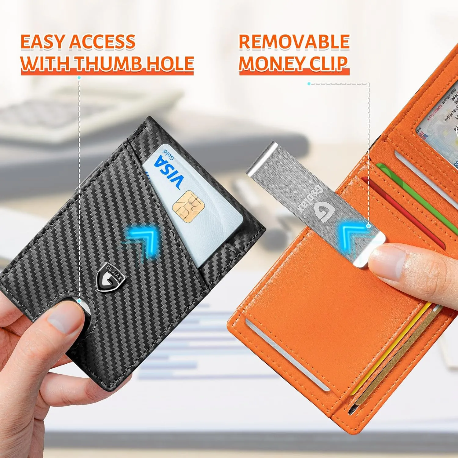 GSOIAX Slim Leather RFID Bifold Wallet for Men Minimalist Front Pocket Wallet with Money Clip,12 Card Slots,ID Window,Cool Groove Design,Includes Gift Box(Carbon Orange)