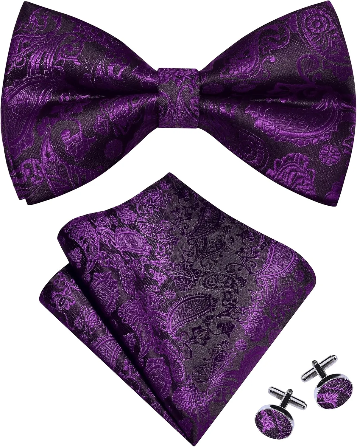 GUSLESON Mens Paisley Bow Tie Handkerchief Jacquard Woven Adjustable Pre-Tied Bowties Pocket Square Cufflinks Set