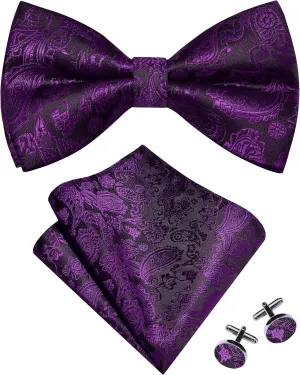 GUSLESON Mens Paisley Bow Tie Handkerchief Jacquard Woven Adjustable Pre-Tied Bowties Pocket Square Cufflinks Set