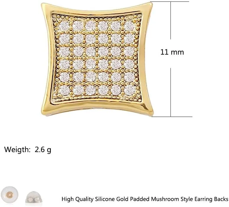 LuReen Gold Silver 11mm Square CZ Stud Earrings of Mens aretes para hombre