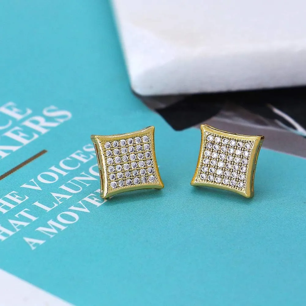 LuReen Gold Silver 11mm Square CZ Stud Earrings of Mens aretes para hombre