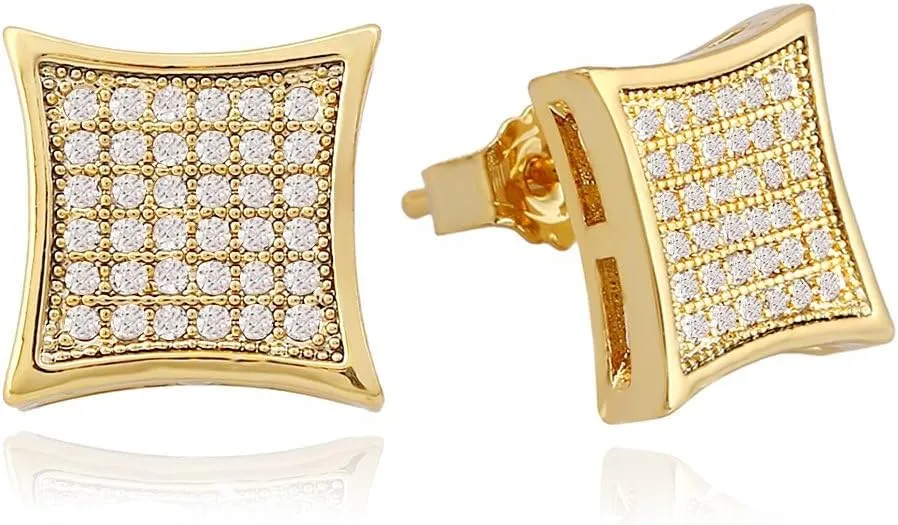 LuReen Gold Silver 11mm Square CZ Stud Earrings of Mens aretes para hombre