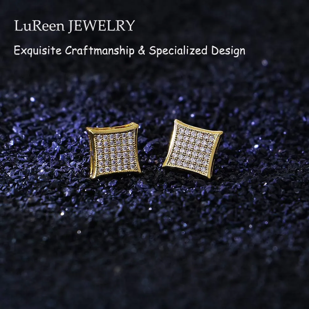 LuReen Gold Silver 11mm Square CZ Stud Earrings of Mens aretes para hombre