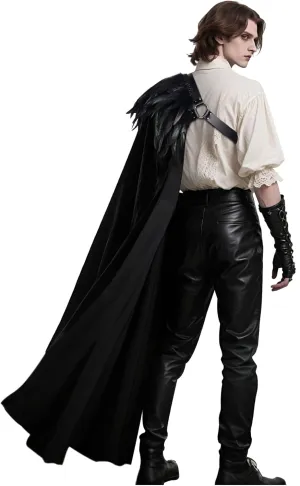 L'VOW Black Half Shoulder Cape with Feather Shrug - Renaissance Ranger Cloak Halloween LARP Gothic Knight Cosplay