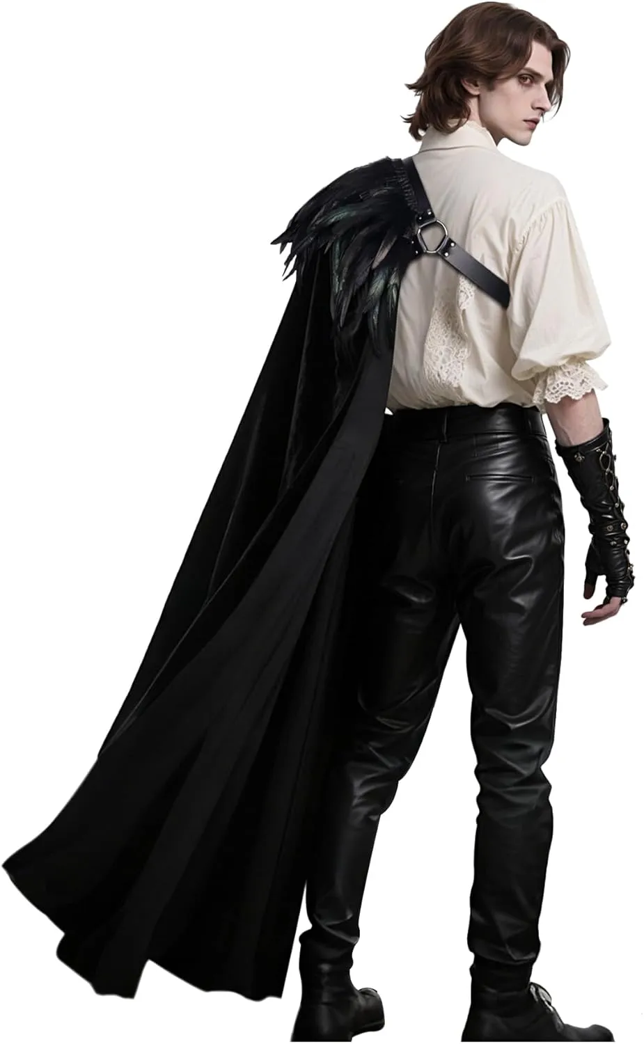 L'VOW Black Half Shoulder Cape with Feather Shrug - Renaissance Ranger Cloak Halloween LARP Gothic Knight Cosplay