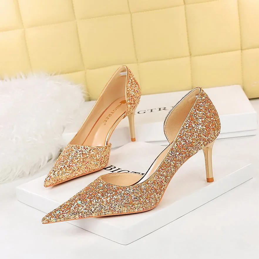 Seductive Stiletto Pointed Toe Cutout Glitter Single Shoes