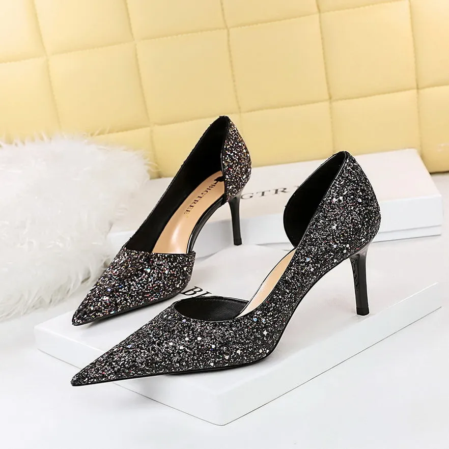 Seductive Stiletto Pointed Toe Cutout Glitter Single Shoes