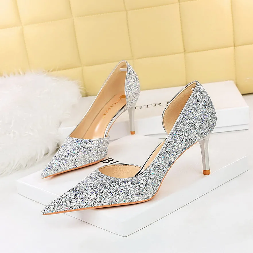 Seductive Stiletto Pointed Toe Cutout Glitter Single Shoes