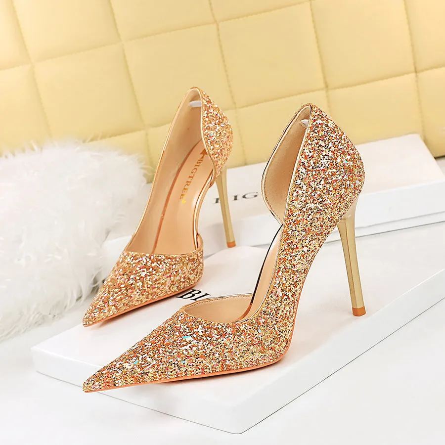 Seductive Stiletto Pointed Toe Cutout Glitter Single Shoes