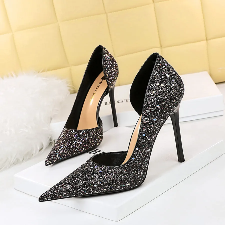 Seductive Stiletto Pointed Toe Cutout Glitter Single Shoes