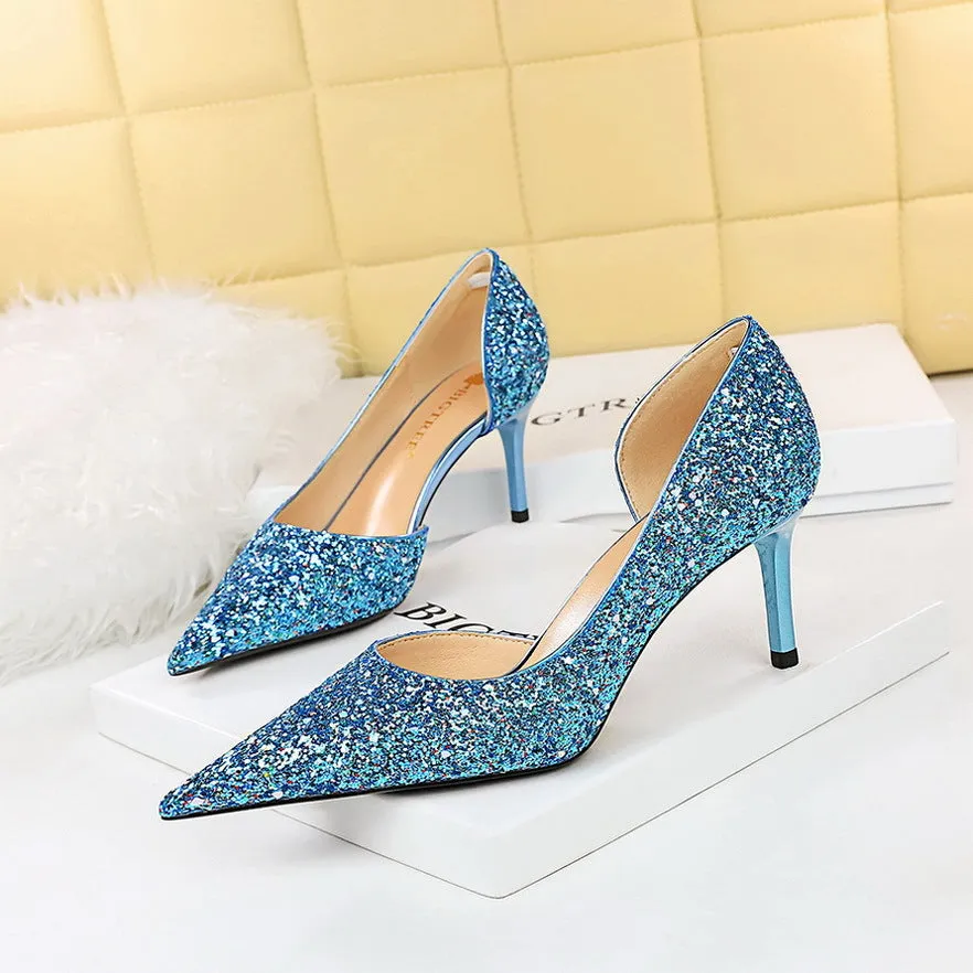 Seductive Stiletto Pointed Toe Cutout Glitter Single Shoes